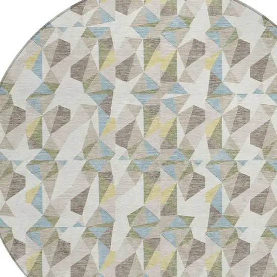 8' Ivory And Linen Round Geometric Washable Indoor Outdoor Area Rug Photo 2