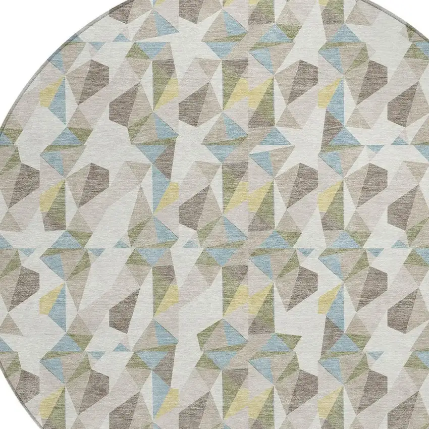 8' Ivory And Linen Round Geometric Washable Indoor Outdoor Area Rug Photo 2