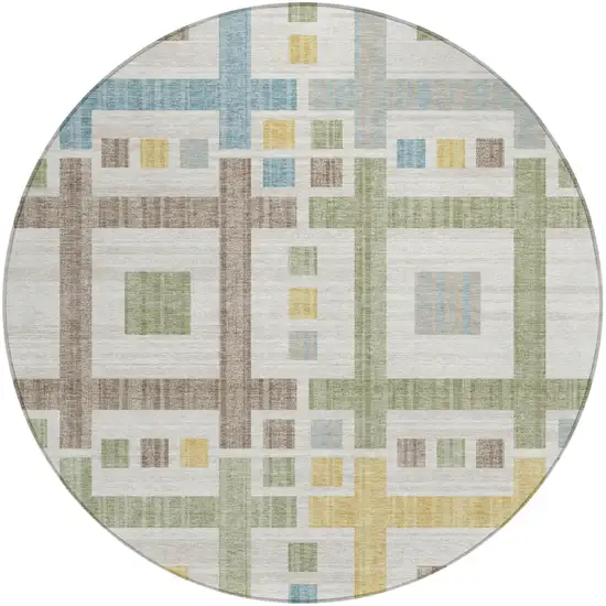 8' Ivory And Linen Round Geometric Washable Indoor Outdoor Area Rug Photo 2