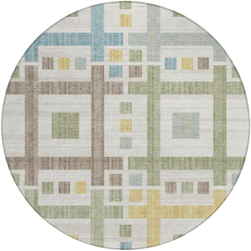 8' Ivory And Linen Round Geometric Washable Indoor Outdoor Area Rug Photo 2
