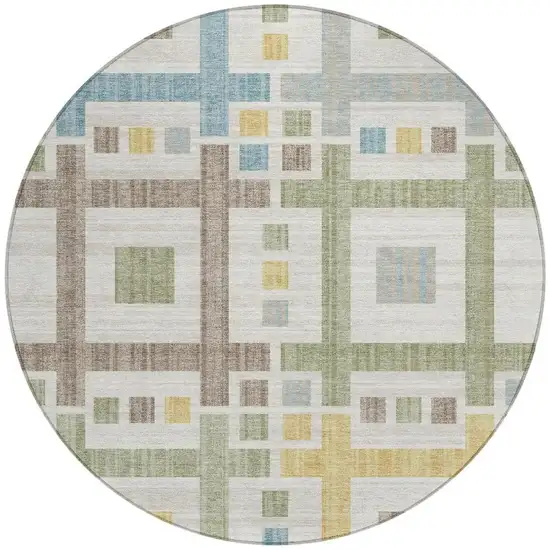 8' Ivory And Linen Round Geometric Washable Indoor Outdoor Area Rug Photo 4