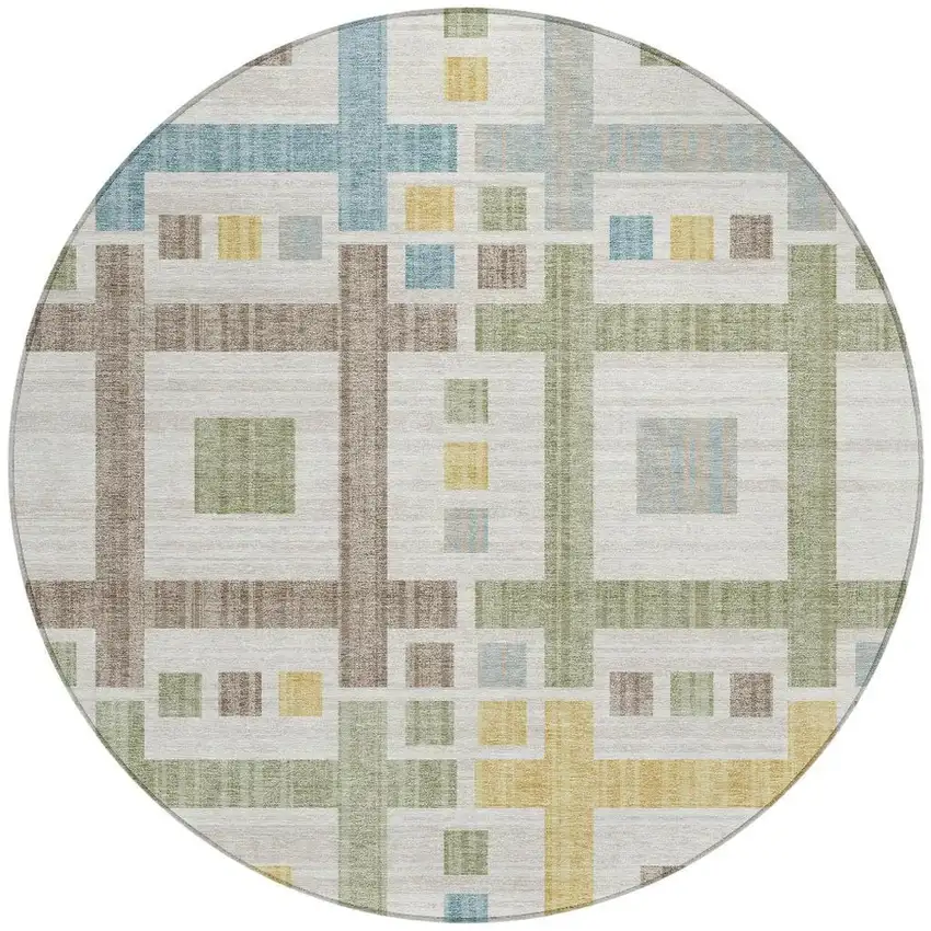 8' Ivory And Linen Round Geometric Washable Indoor Outdoor Area Rug Photo 4