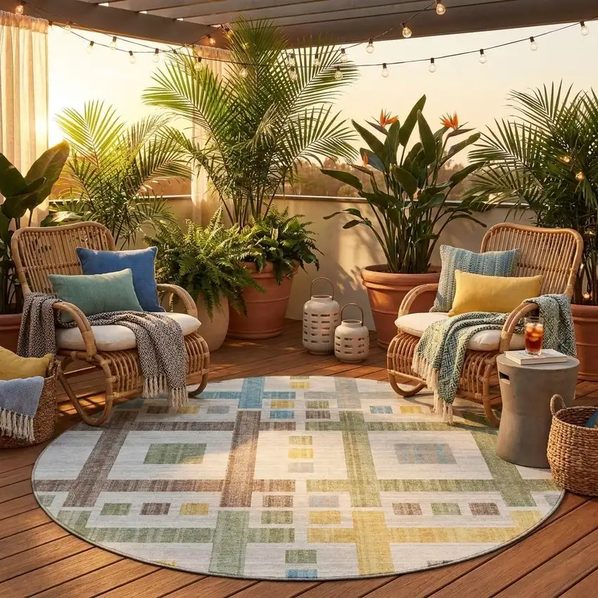8' Ivory And Linen Round Geometric Washable Indoor Outdoor Area Rug Photo 1