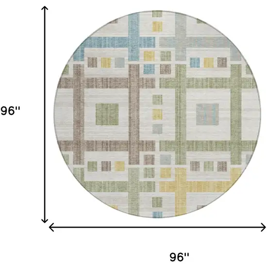 8' Ivory And Linen Round Geometric Washable Indoor Outdoor Area Rug Photo 7