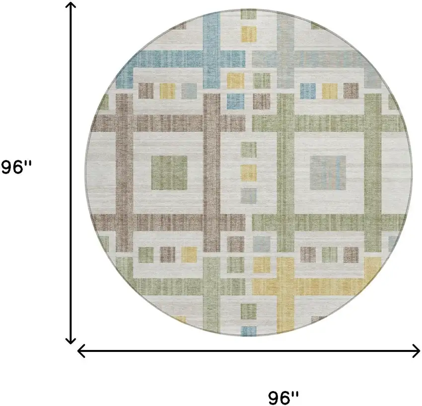 8' Ivory And Linen Round Geometric Washable Indoor Outdoor Area Rug Photo 7