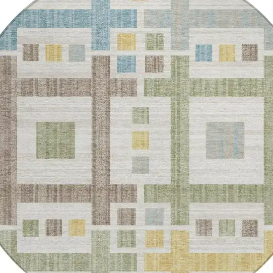 8' Ivory And Linen Round Geometric Washable Indoor Outdoor Area Rug Photo 3