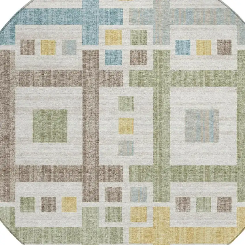 8' Ivory And Linen Round Geometric Washable Indoor Outdoor Area Rug Photo 3