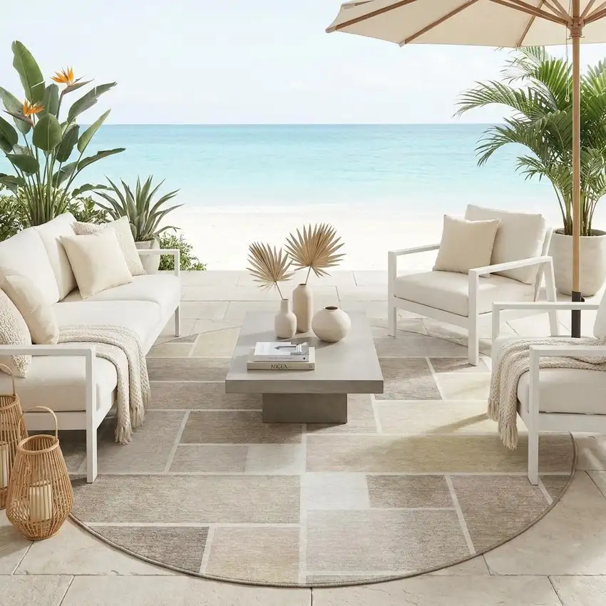 8' Ivory And Linen Round Geometric Washable Indoor Outdoor Area Rug Photo 1