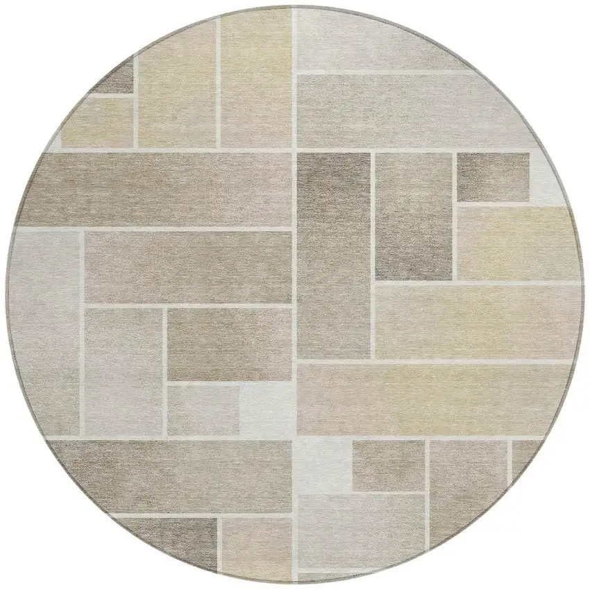 8' Ivory And Linen Round Geometric Washable Indoor Outdoor Area Rug Photo 4
