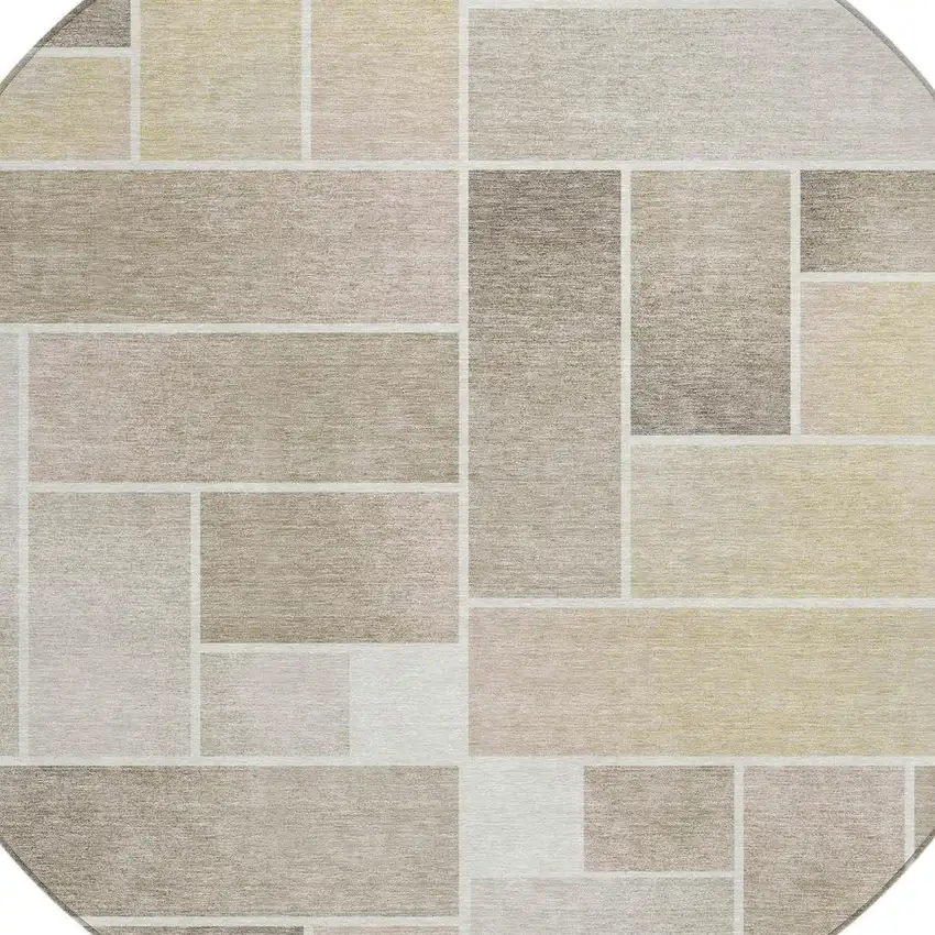 8' Ivory And Linen Round Geometric Washable Indoor Outdoor Area Rug Photo 3
