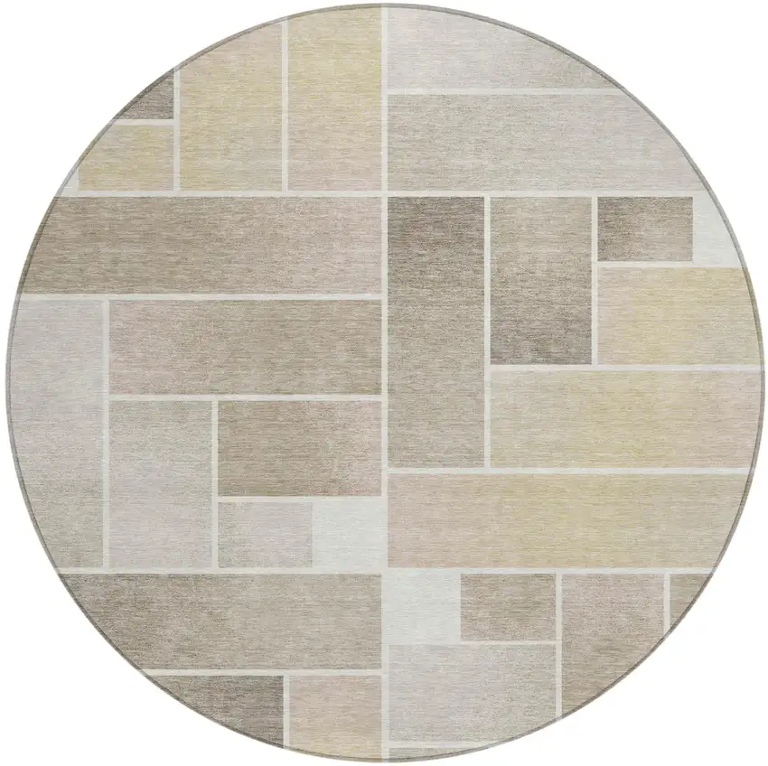 8' Ivory And Linen Round Geometric Washable Indoor Outdoor Area Rug Photo 2