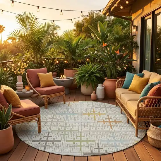 8' Ivory And Linen Round Geometric Washable Indoor Outdoor Area Rug Photo 1