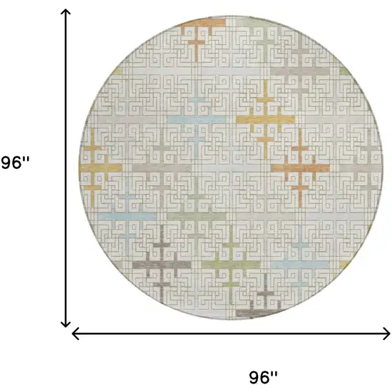 8' Ivory And Linen Round Geometric Washable Indoor Outdoor Area Rug Photo 5