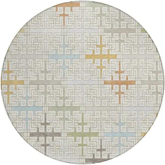 8' Ivory And Linen Round Geometric Washable Indoor Outdoor Area Rug Photo 2