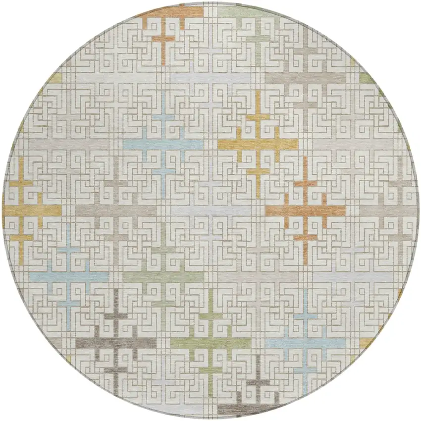 8' Ivory And Linen Round Geometric Washable Indoor Outdoor Area Rug Photo 2