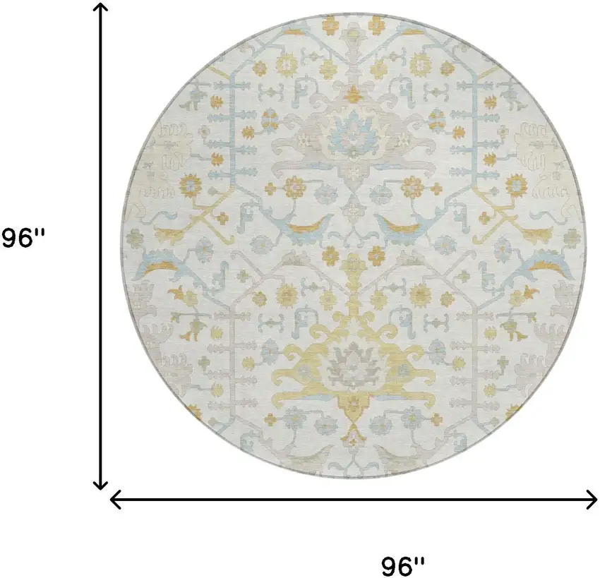 8' Ivory And Linen Round Oriental Washable Indoor Outdoor Area Rug Photo 5