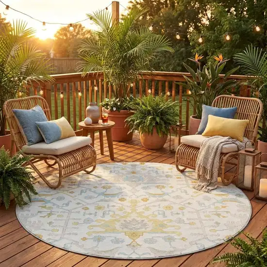 8' Ivory And Linen Round Oriental Washable Indoor Outdoor Area Rug Photo 1