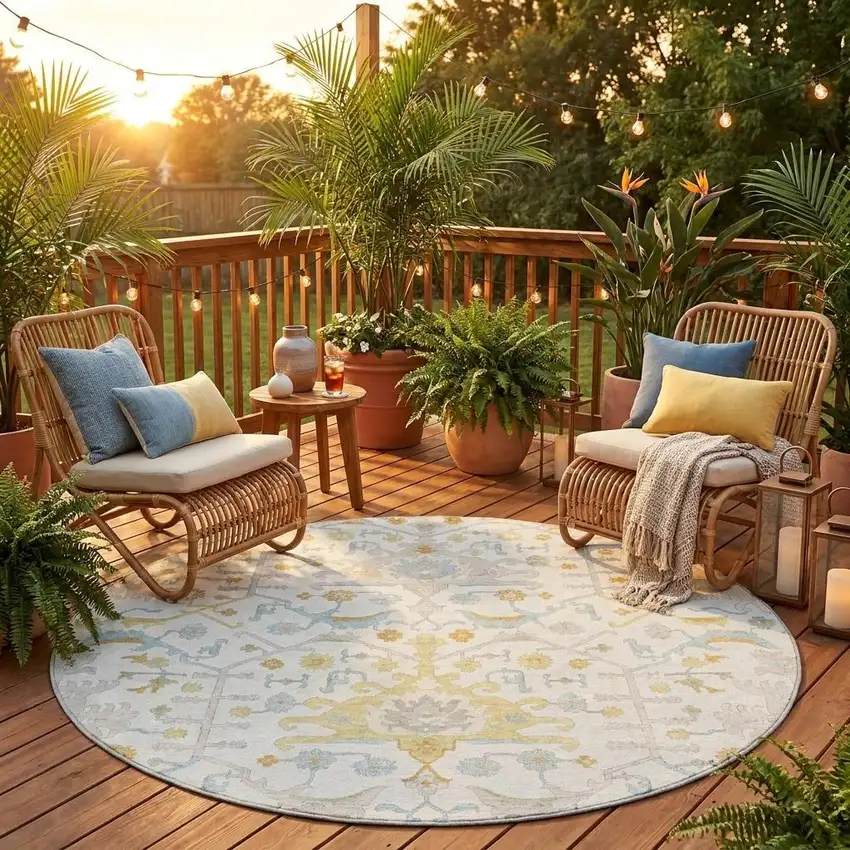8' Ivory And Linen Round Oriental Washable Indoor Outdoor Area Rug Photo 1