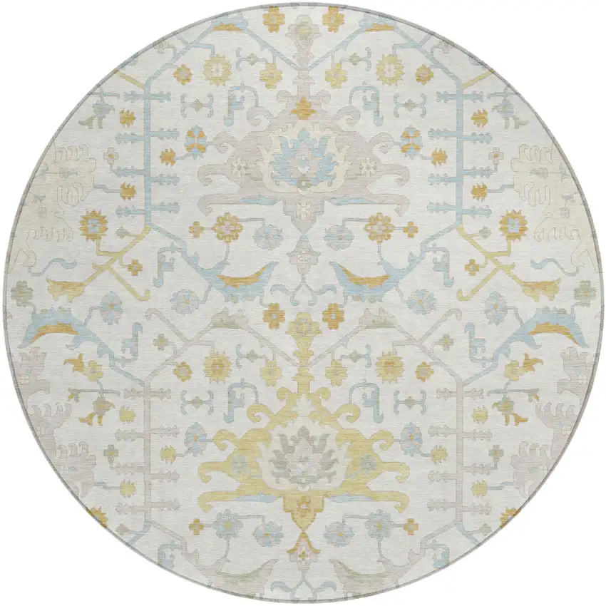 8' Ivory And Linen Round Oriental Washable Indoor Outdoor Area Rug Photo 2