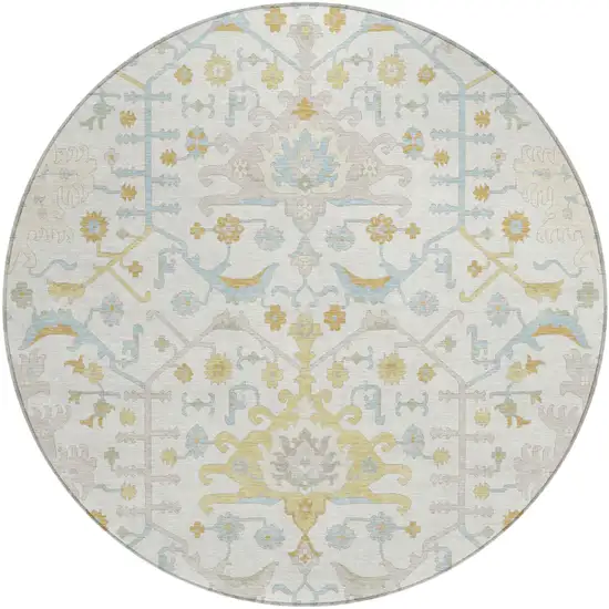 8' Ivory And Linen Round Oriental Washable Indoor Outdoor Area Rug Photo 2