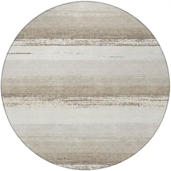 8' Ivory And Linen Round Striped Washable Indoor Outdoor Area Rug Photo 4