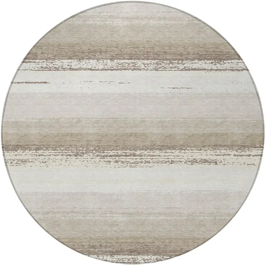 8' Ivory And Linen Round Striped Washable Indoor Outdoor Area Rug Photo 4