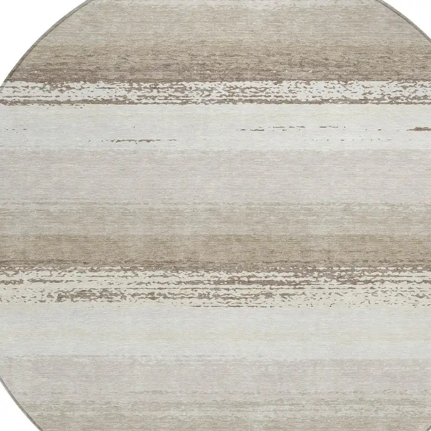 8' Ivory And Linen Round Striped Washable Indoor Outdoor Area Rug Photo 3