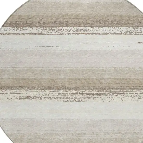 8' Ivory And Linen Round Striped Washable Indoor Outdoor Area Rug Photo 3