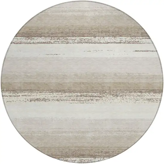 8' Ivory And Linen Round Striped Washable Indoor Outdoor Area Rug Photo 2