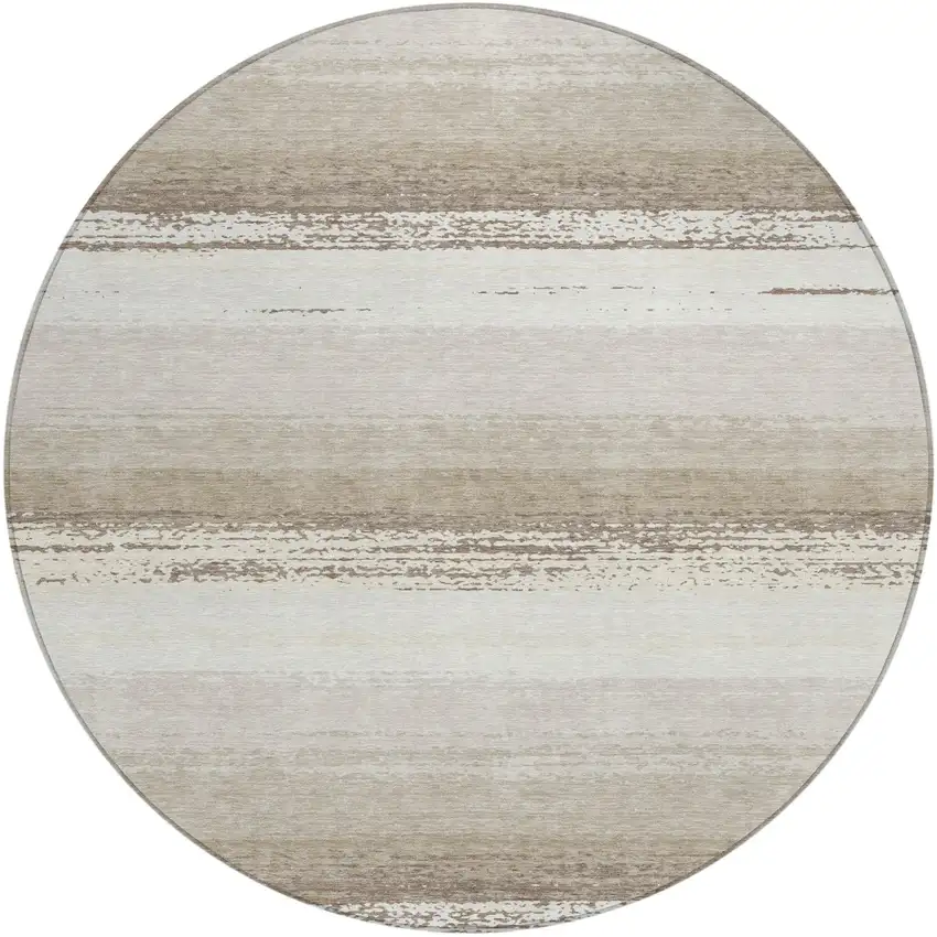 8' Ivory And Linen Round Striped Washable Indoor Outdoor Area Rug Photo 2