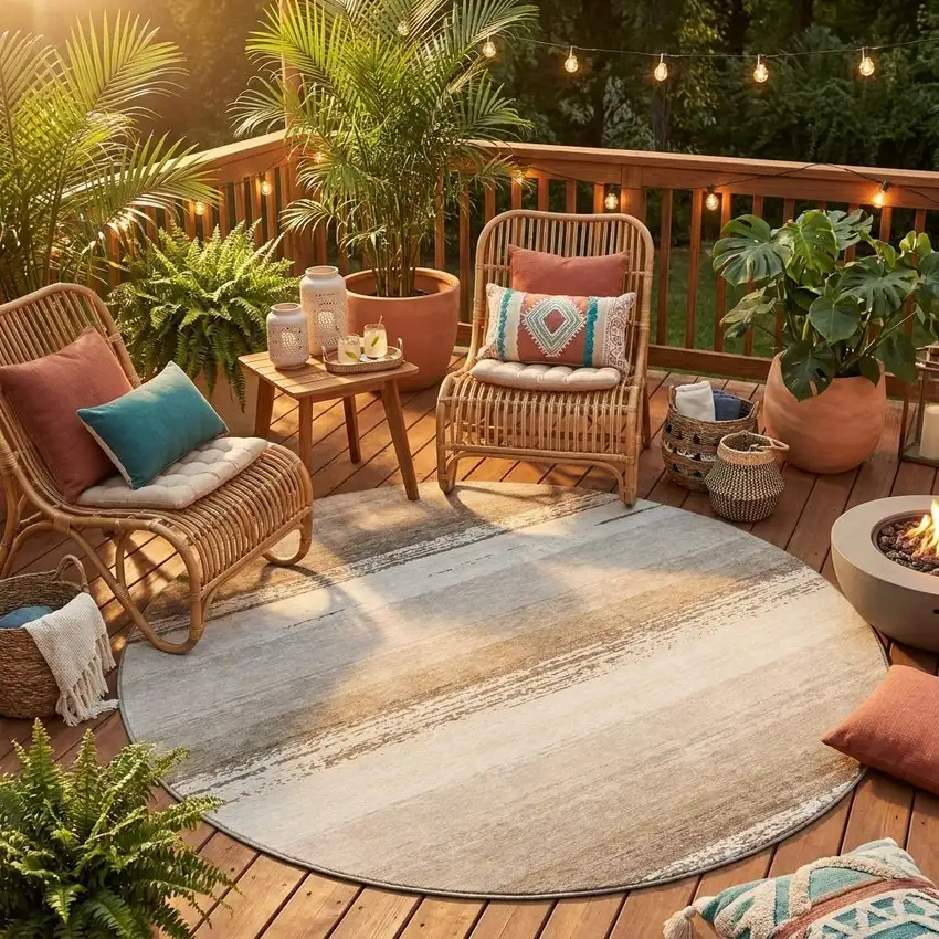 8' Ivory And Linen Round Striped Washable Indoor Outdoor Area Rug Photo 1