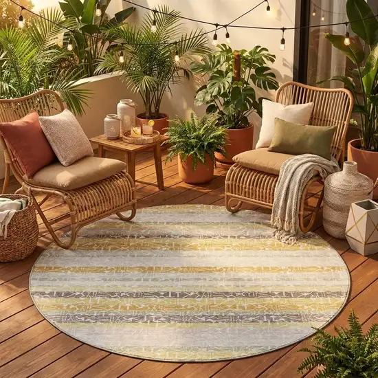 8' Ivory And Linen Round Striped Washable Indoor Outdoor Area Rug Photo 1