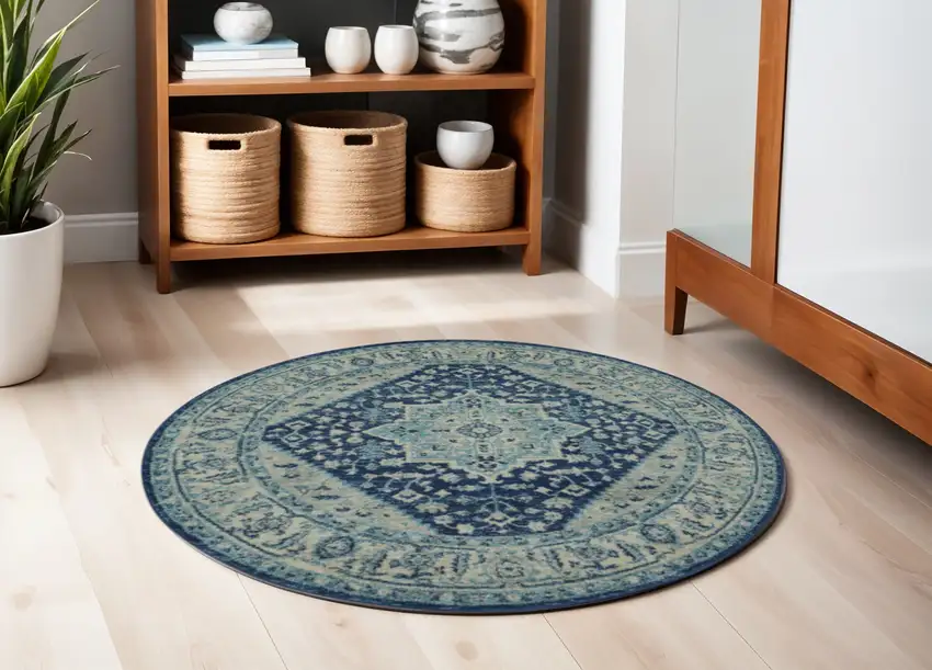 5' Ivory And Navy Blue Floral Medallion Distressed Round Rug Photo 1