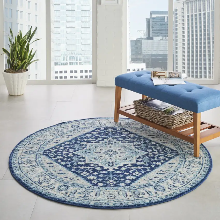5' Ivory And Navy Blue Floral Medallion Distressed Round Rug Photo 8