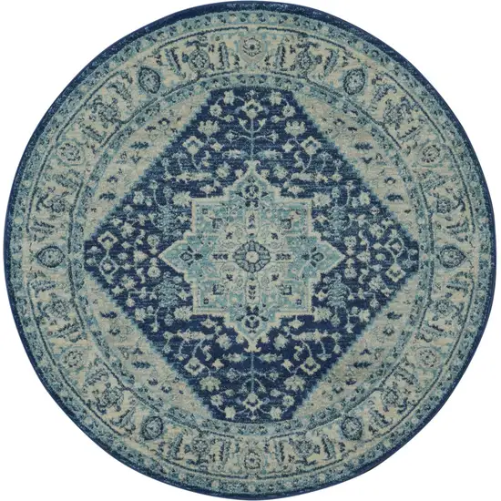 5' Ivory And Navy Blue Floral Medallion Distressed Round Rug Photo 2