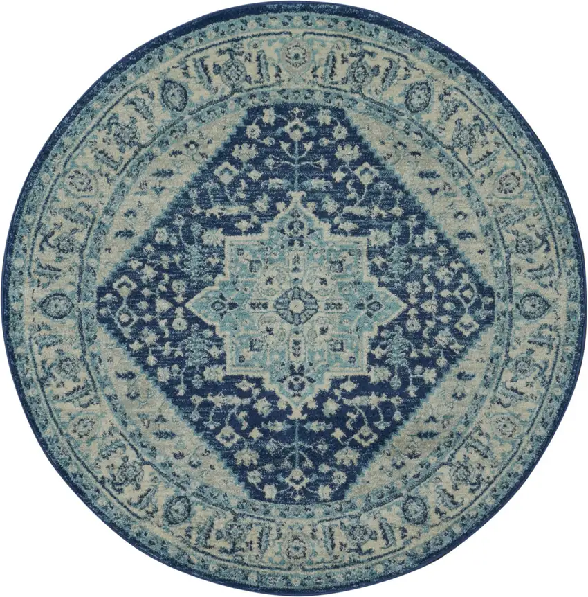 5' Ivory And Navy Blue Floral Medallion Distressed Round Rug Photo 2