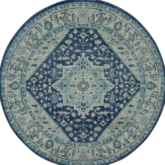 5' Ivory And Navy Blue Floral Medallion Distressed Round Rug Photo 6