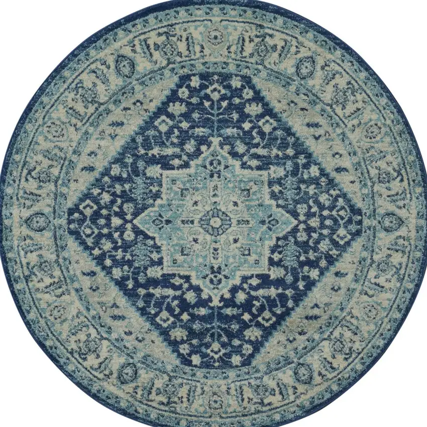 5' Ivory And Navy Blue Floral Medallion Distressed Round Rug Photo 6