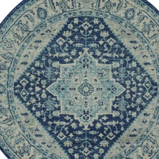 5' Ivory And Navy Blue Floral Medallion Distressed Round Rug Photo 4