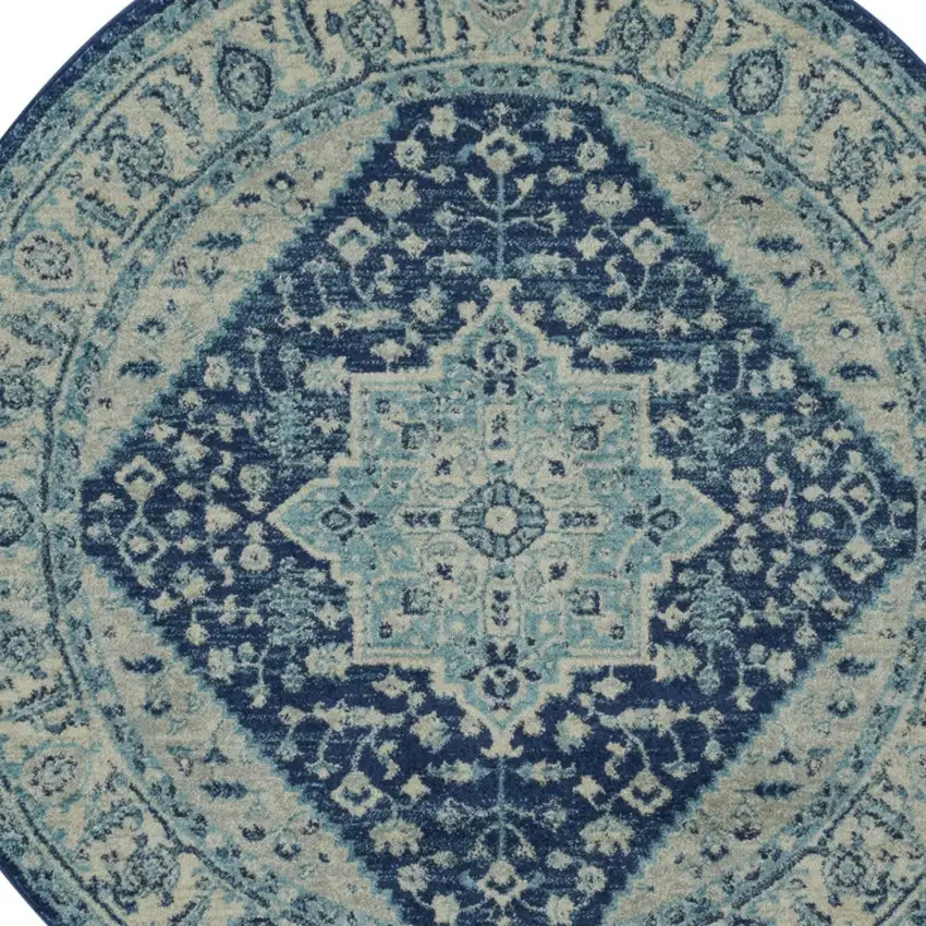 5' Ivory And Navy Blue Floral Medallion Distressed Round Rug Photo 4