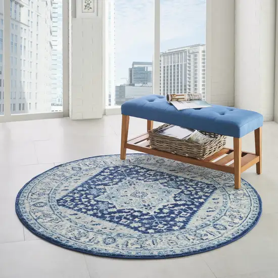 5' Ivory And Navy Blue Floral Medallion Distressed Round Rug Photo 7