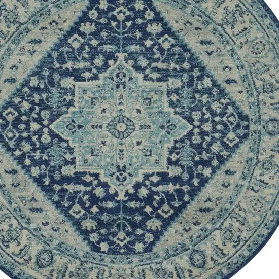 5' Ivory And Navy Blue Floral Medallion Distressed Round Rug Photo 8
