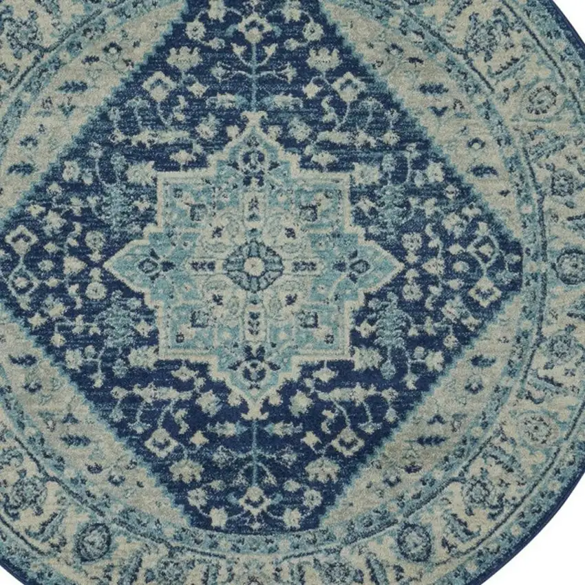 5' Ivory And Navy Blue Floral Medallion Distressed Round Rug Photo 8