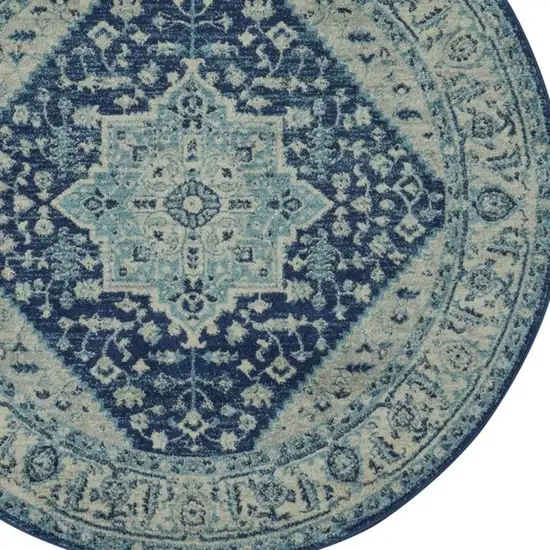 5' Ivory And Navy Blue Floral Medallion Distressed Round Rug Photo 4