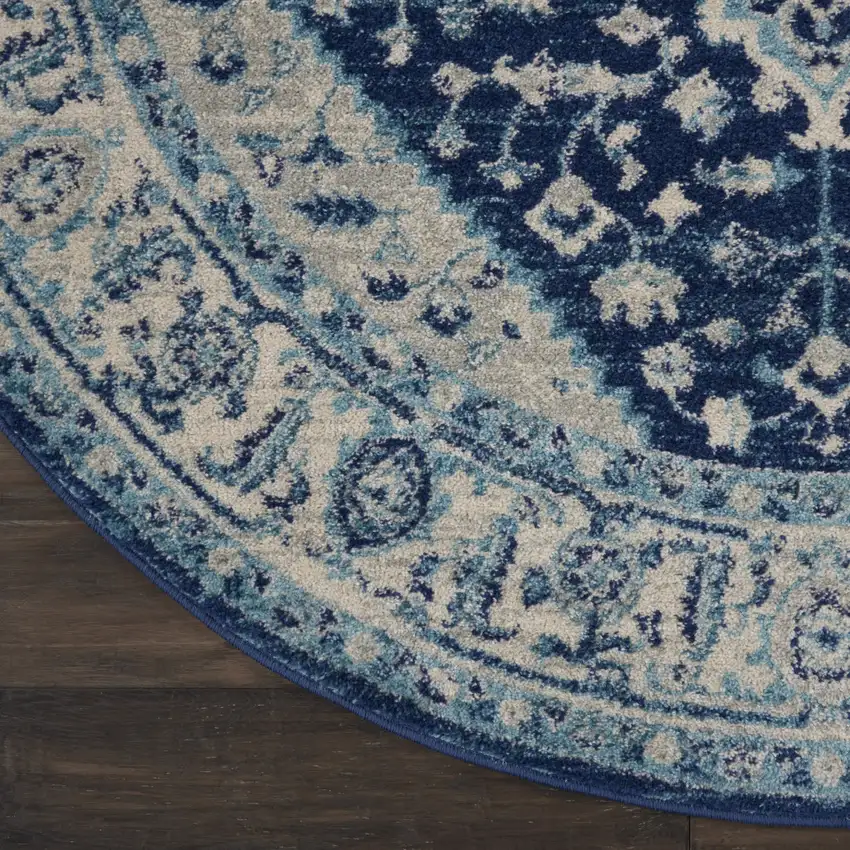 5' Ivory And Navy Blue Floral Medallion Distressed Round Rug Photo 9