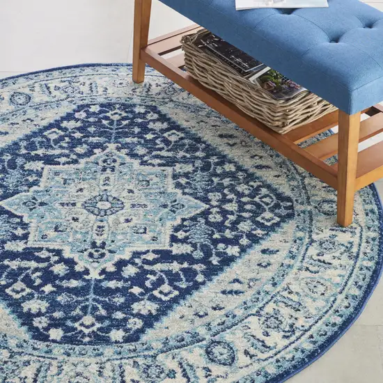 5' Ivory And Navy Blue Floral Medallion Distressed Round Rug Photo 6