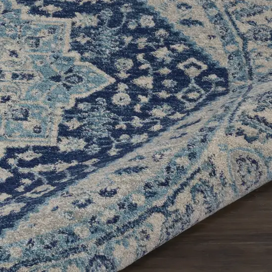 5' Ivory And Navy Blue Floral Medallion Distressed Round Rug Photo 9