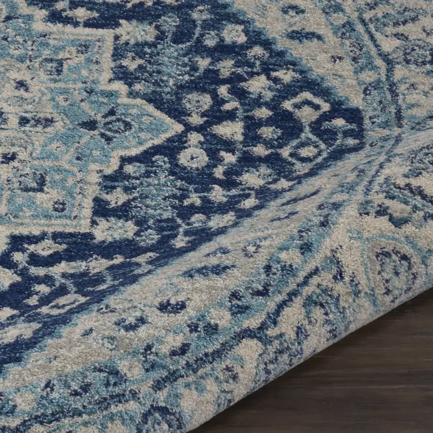 5' Ivory And Navy Blue Floral Medallion Distressed Round Rug Photo 9