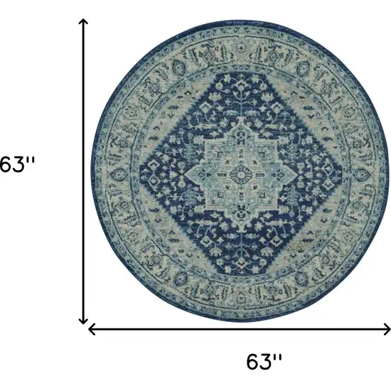 5' Ivory And Navy Blue Floral Medallion Distressed Round Rug Photo 3
