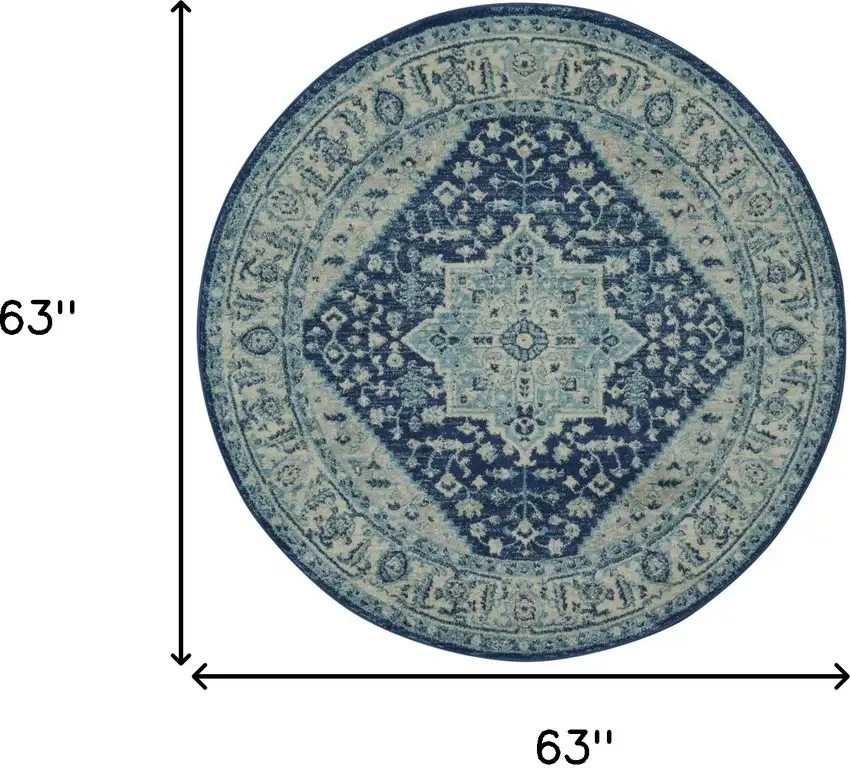 5' Ivory And Navy Blue Floral Medallion Distressed Round Rug Photo 3